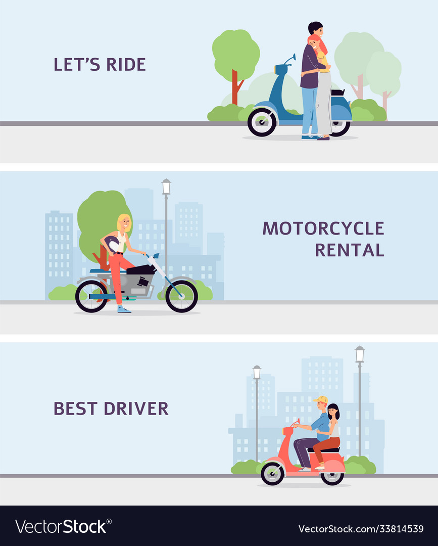 Motorcycle rental service banner set cartoon