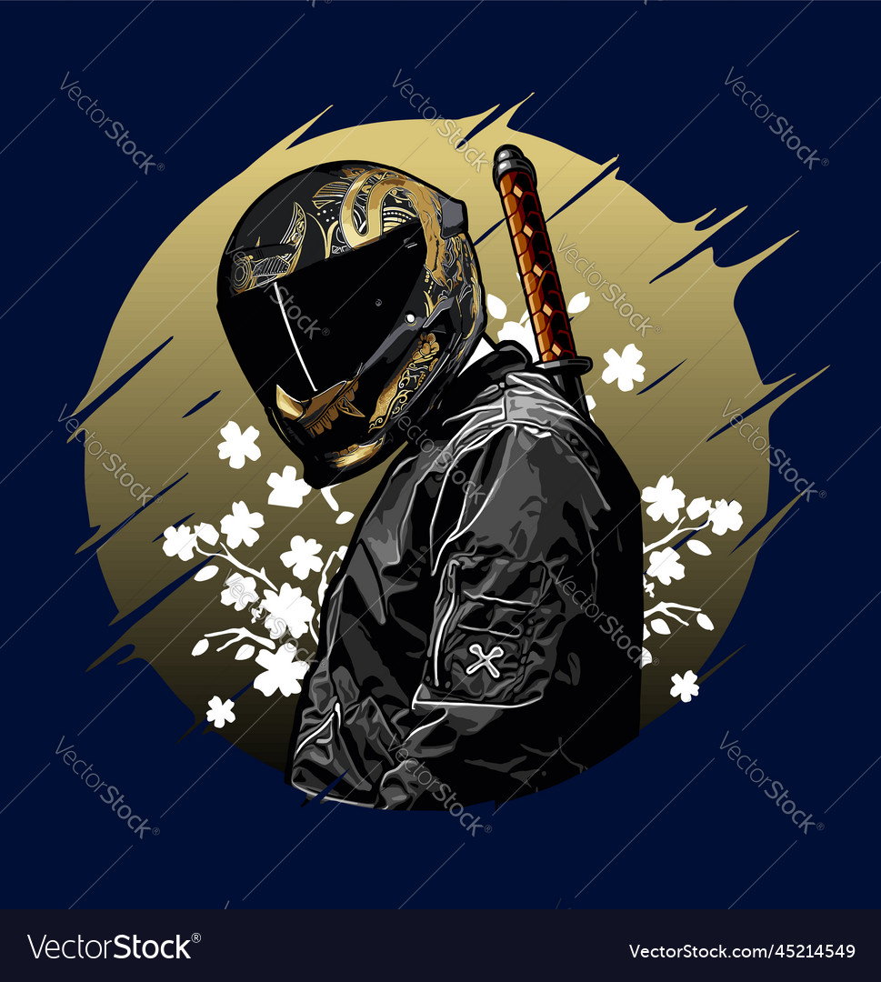 Biker and katana cherry blossom background Vector Image