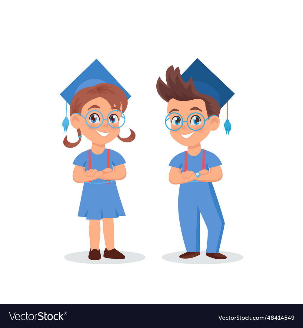 Cute school boy girl wearing blue uniform cartoon