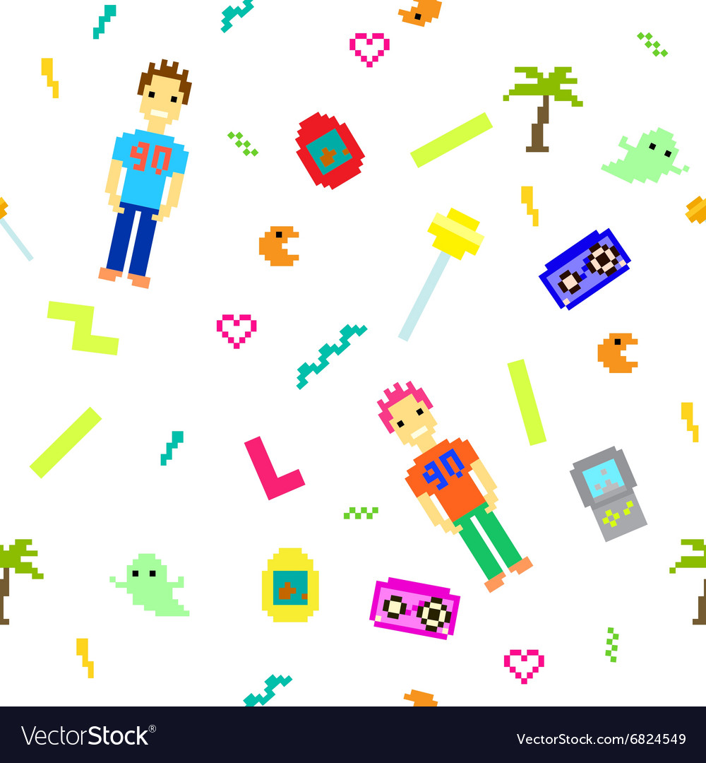 Pixel art 90s retro style seamless pattern