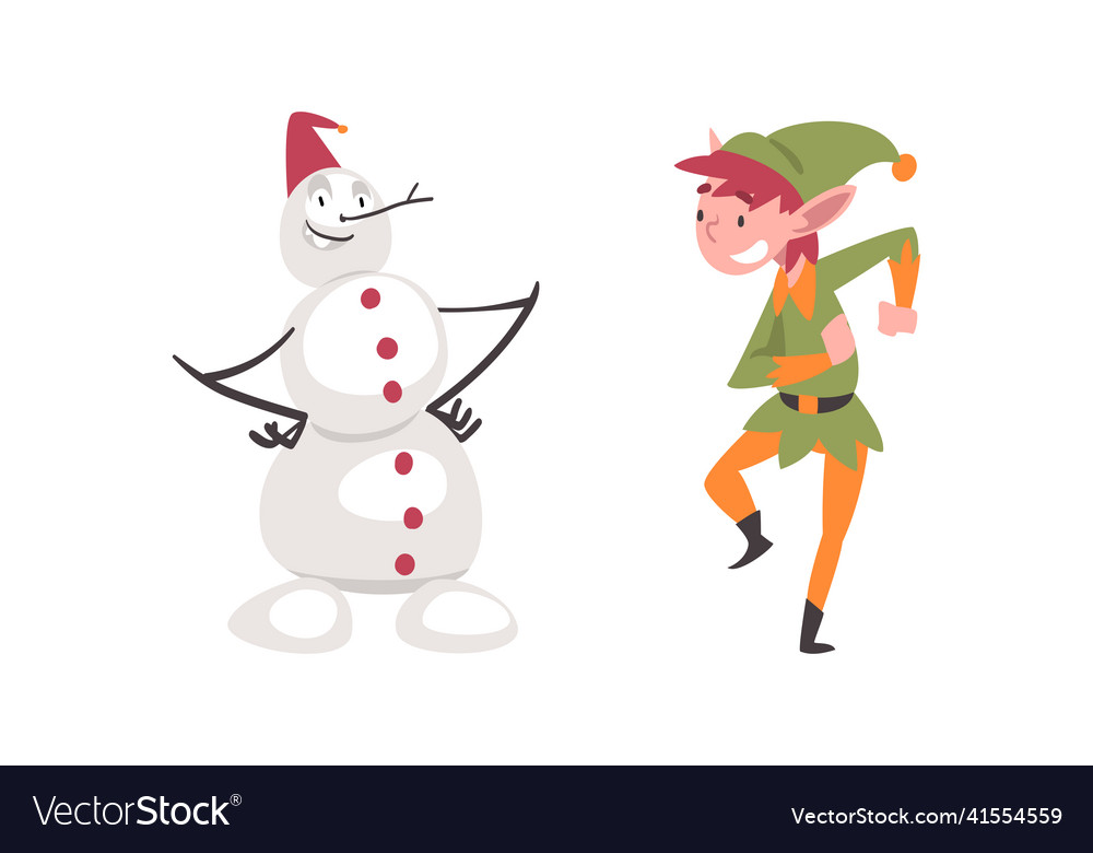 Funny snowman and christmas elf characters cartoon vector image Funny snowman and christmas elf characters cartoon
