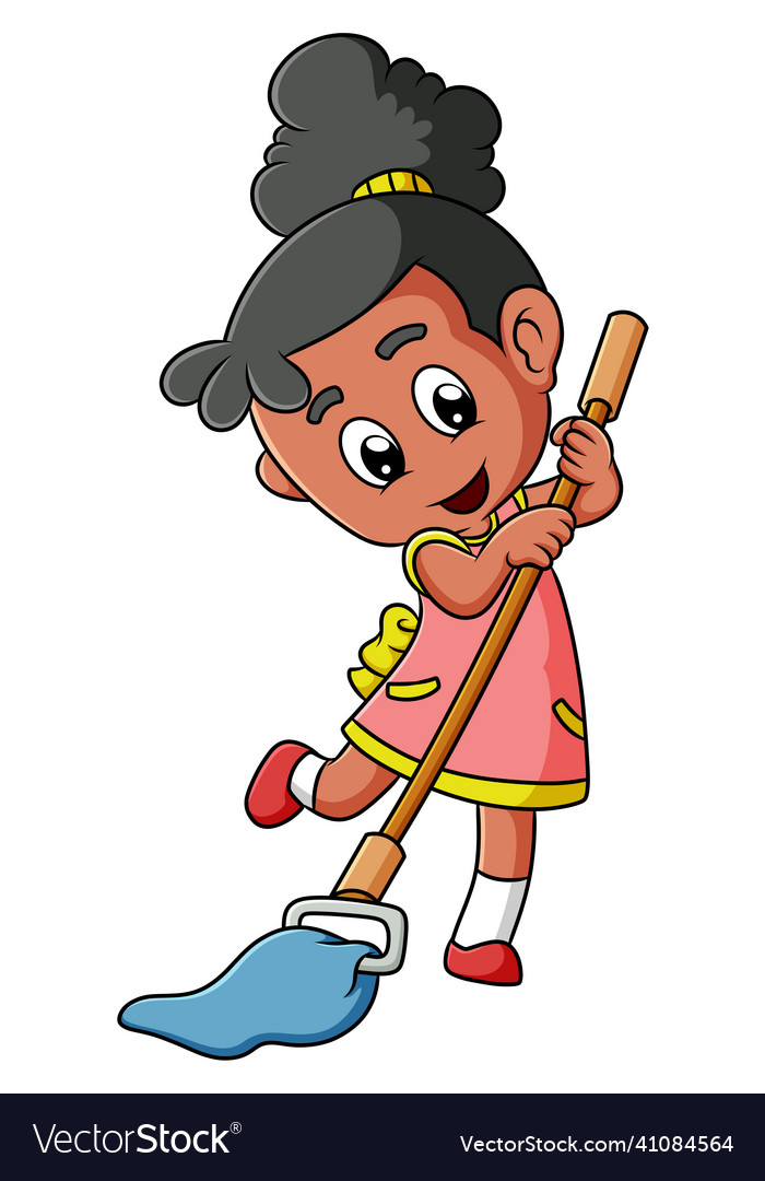 Diligent girl is mopping the floor with the happy Vector Image