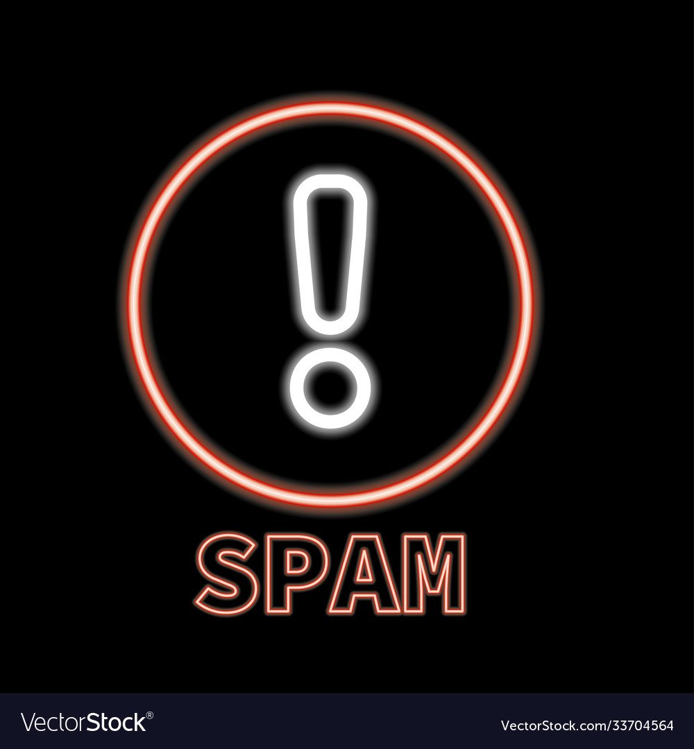 Glowing neon spam icon isolated on dark wall