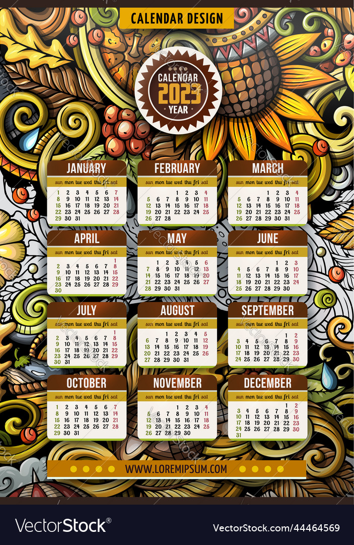 Cartoon doodles autumn 2023 year calendar Vector Image