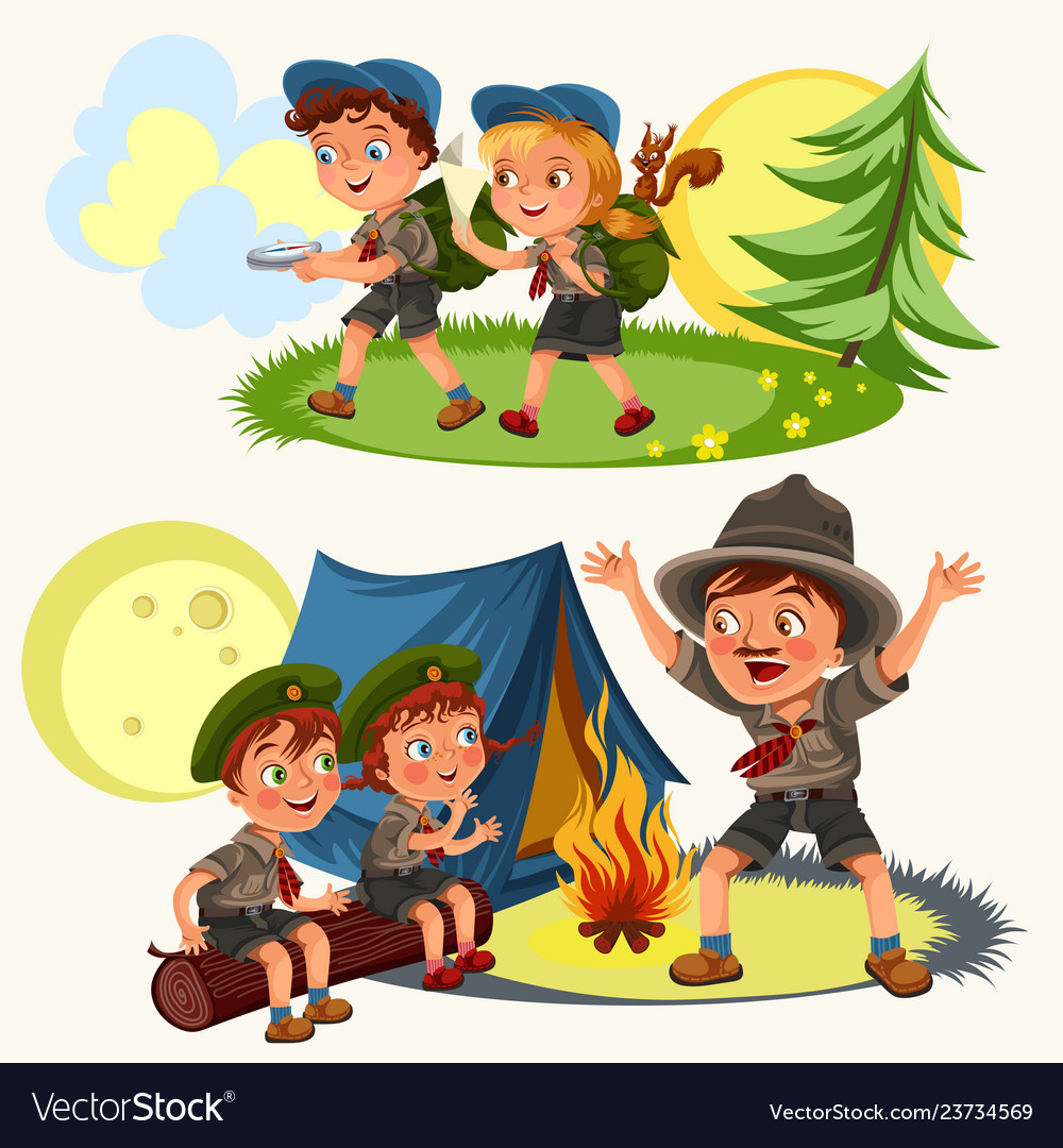 Cartoon scouting children mentor guides outdoor Vector Image