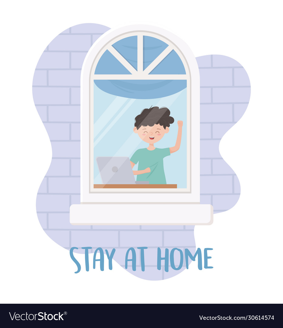 Stay at home quarantine boy with laptop working Vector Image