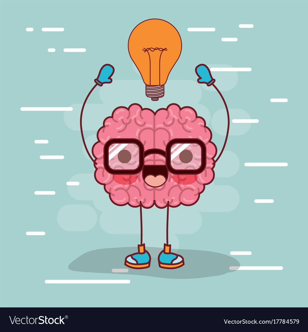 Brain cartoon with glasses and light bulb on top Vector Image