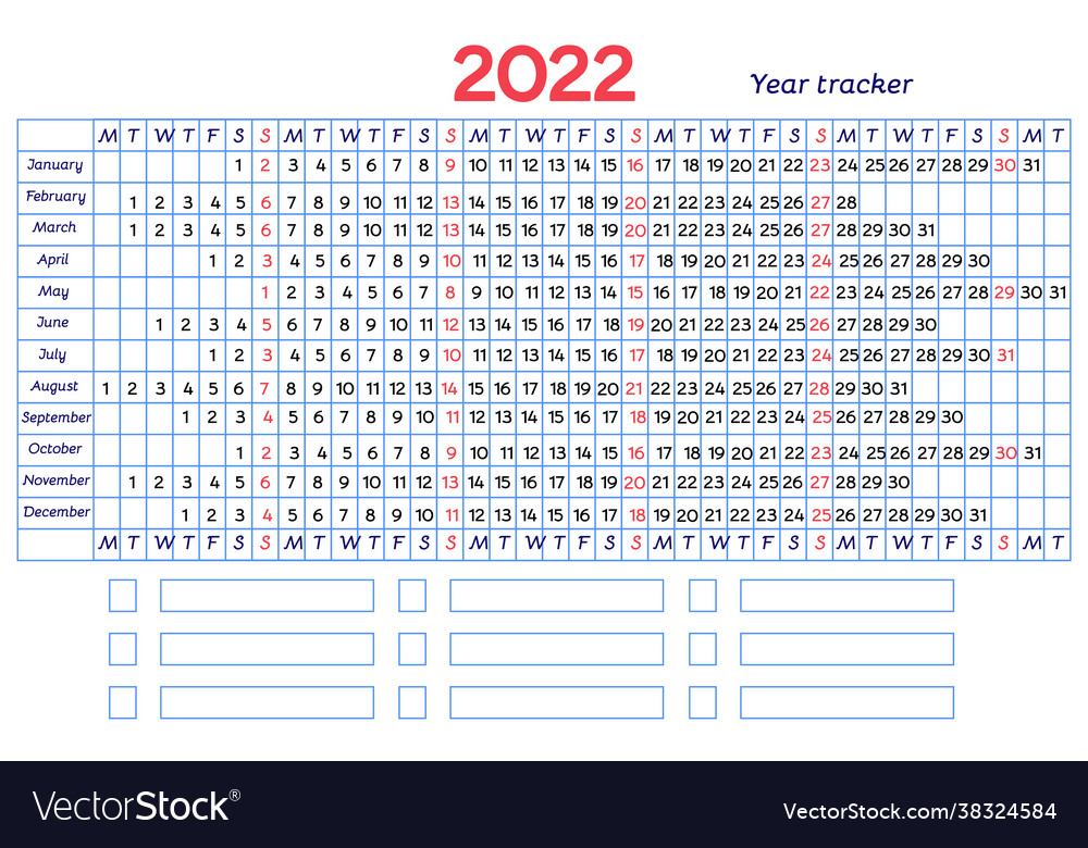 Calendar mood and habit tracker grid 2022 year