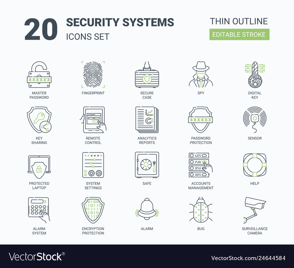 Security systems icons set with linear style vector image Security systems icons set with linear style
