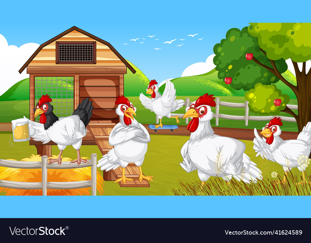 Chickens cartoon characters in nature farm scene Vector Image