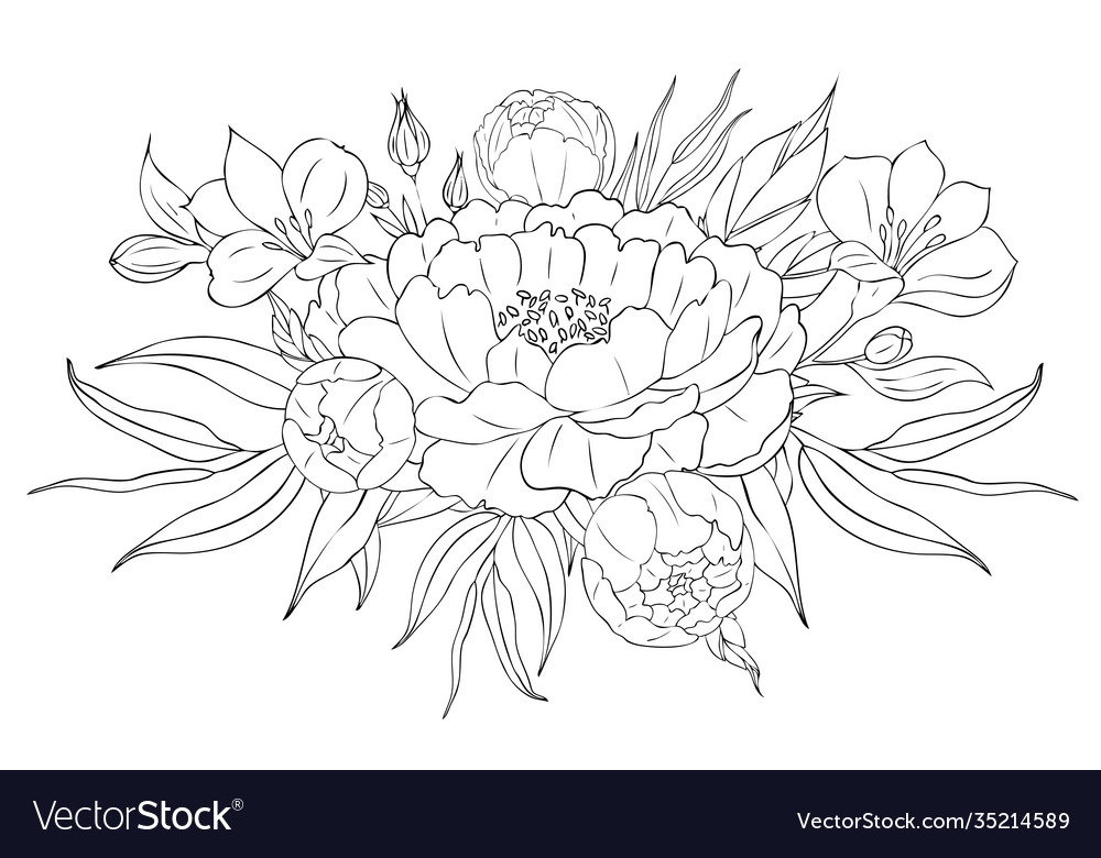 Peony flowers and leaves tattoo compositions Vector Image