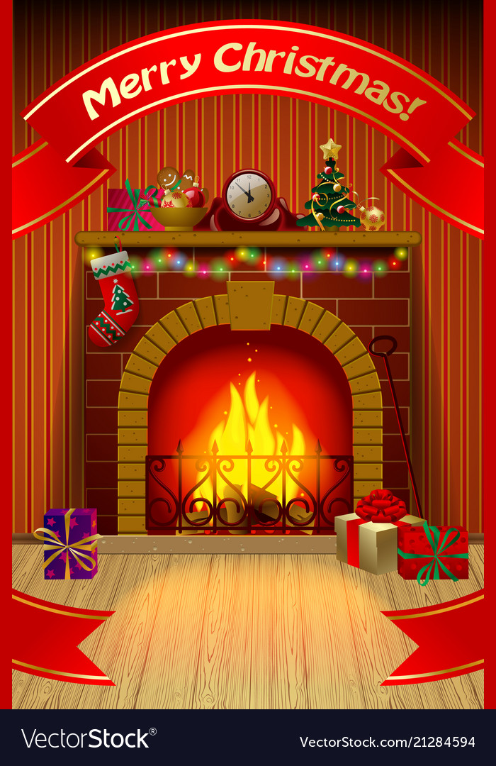 Christmas Card With Red Ribbon Fireplace In Vector Image