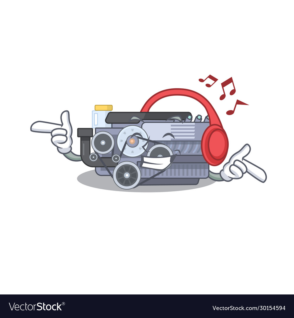 Listening music combustion engine mascot cartoon