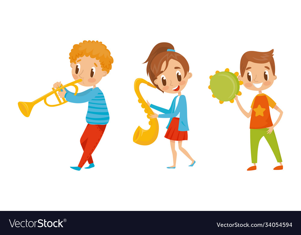 Little boy and girl characters playing trumpet vector image Little boy and girl characters playing trumpet