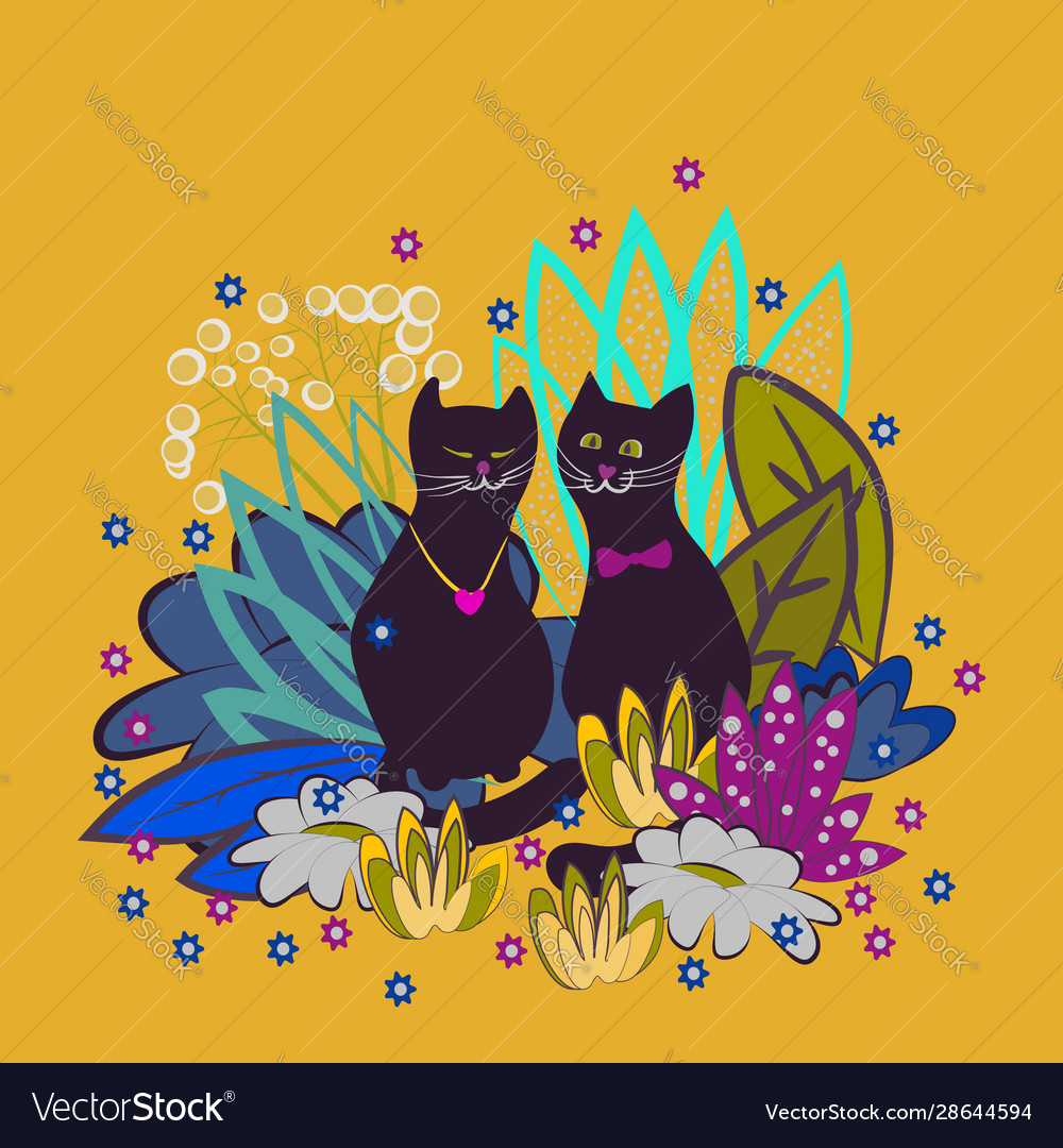 Two loving cats sit among fantastic flowers