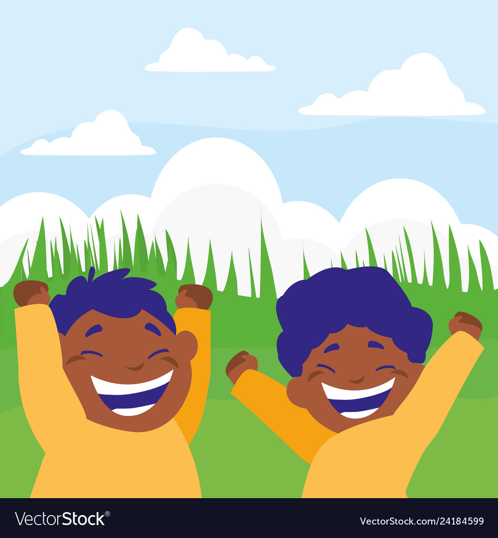 Happy black boys celebrating in the camp Vector Image