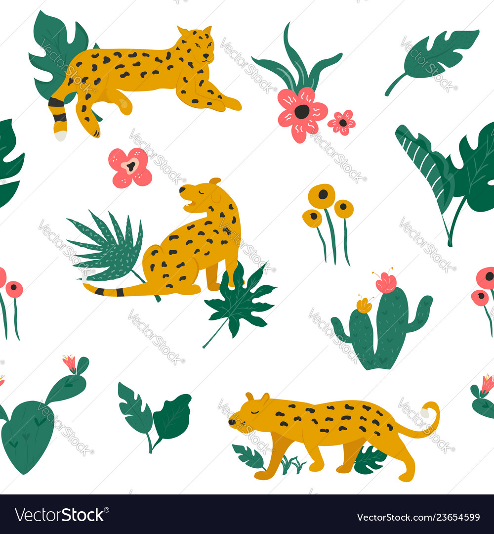 Seamless pattern with leopards and tropical leaves vector image Seamless pattern with leopards and tropical leaves