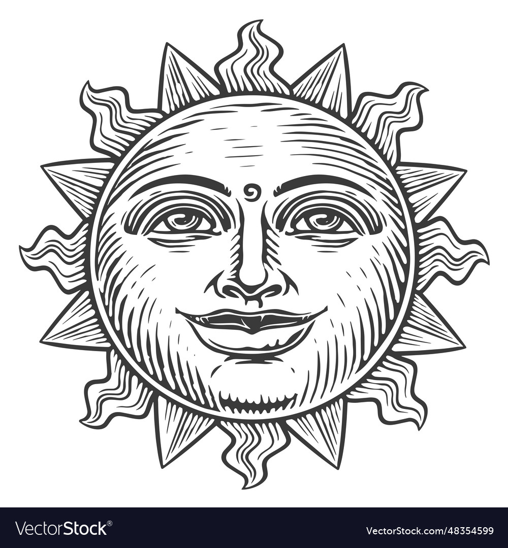 Smiling sun in vintage engraving style sunny day Vector Image