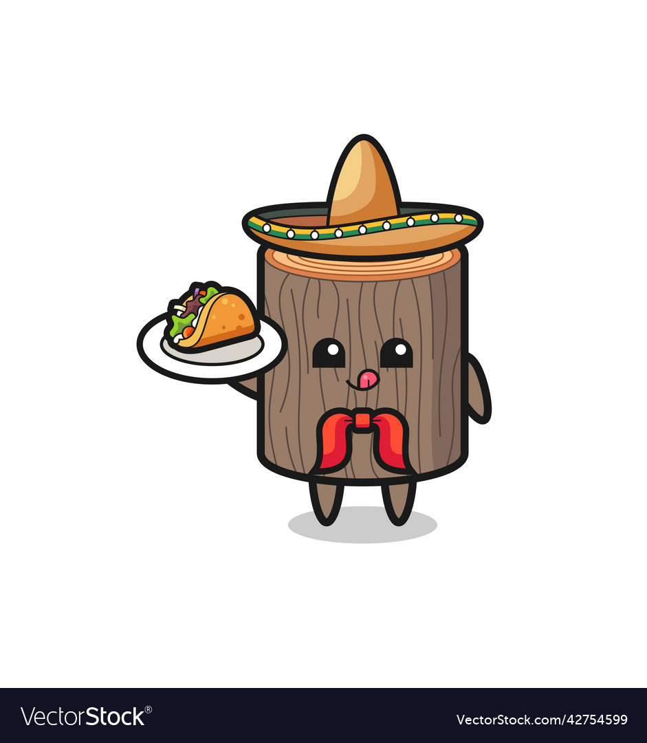 Tree stump mexican chef mascot holding a taco