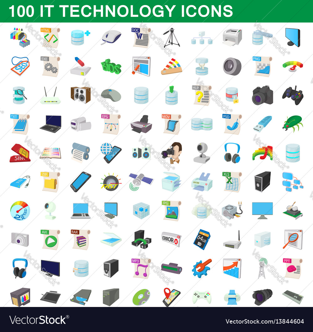 100 it technology icons set cartoon style Vector Image