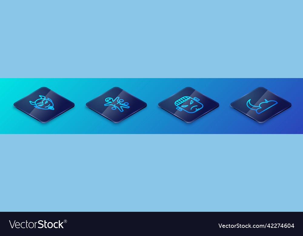 Set isometric line frankenstein face devil head