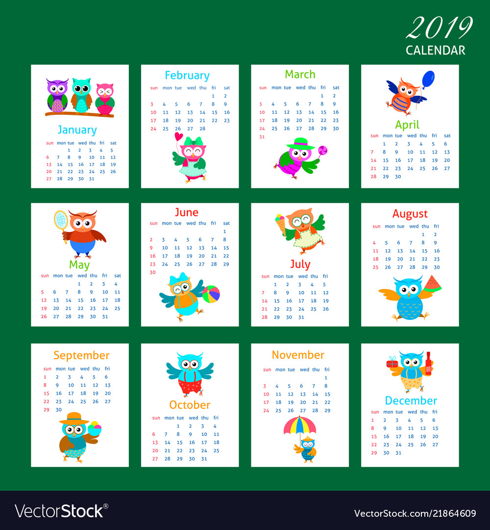 Cartoon owls calendar 2019 design Royalty Free Vector Image