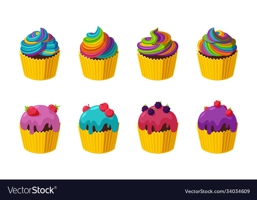 Cupcakes with colorful and rainbow icing big set