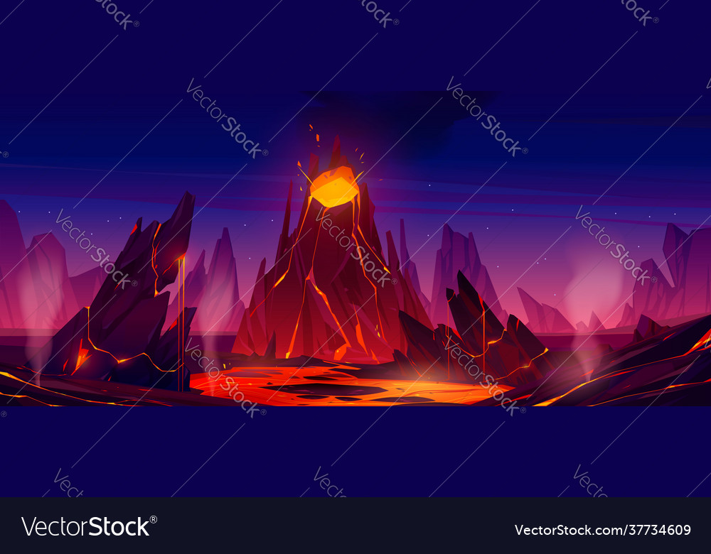Volcano eruption with steaming magma flow down vector image Volcano eruption with steaming magma flow down