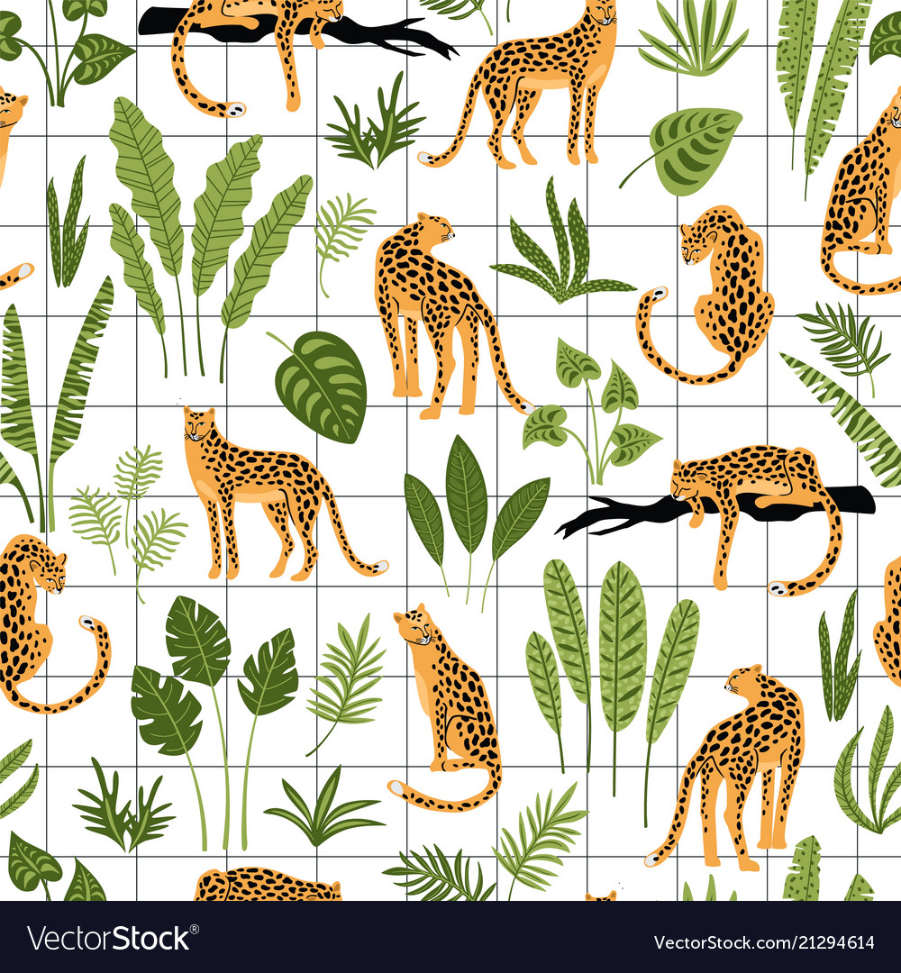 Seamless pattern with leopards and tropical vector image Seamless pattern with leopards and tropical