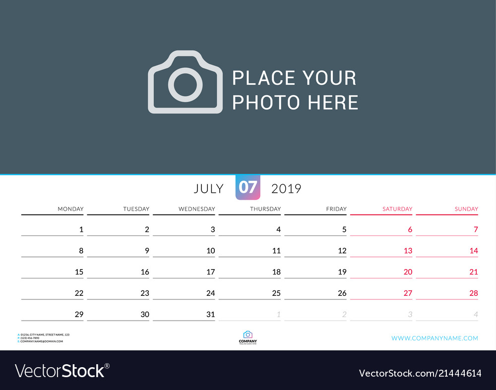 Wall calendar for july 2019 design print template