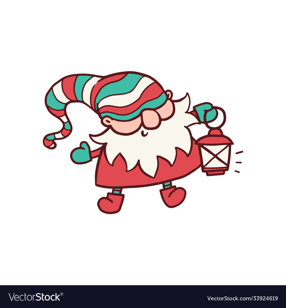 Cute christmas dwarf or elf with lantern flat