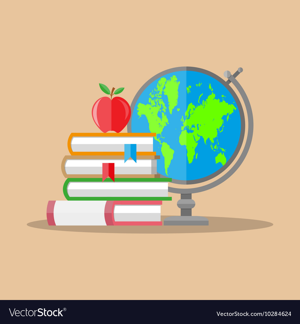 Education concept globe stack of books apple