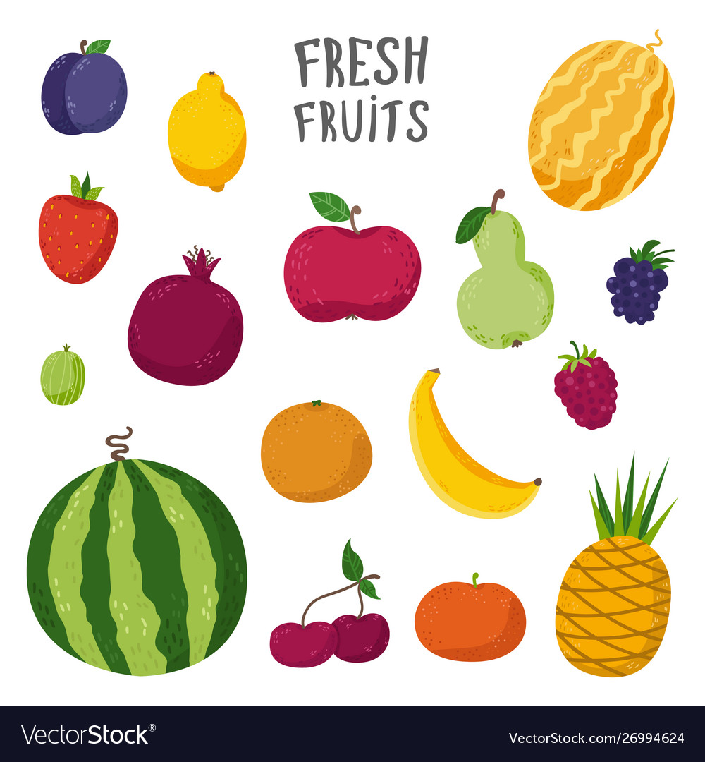 Set fruits in cartoon style Royalty Free Vector Image