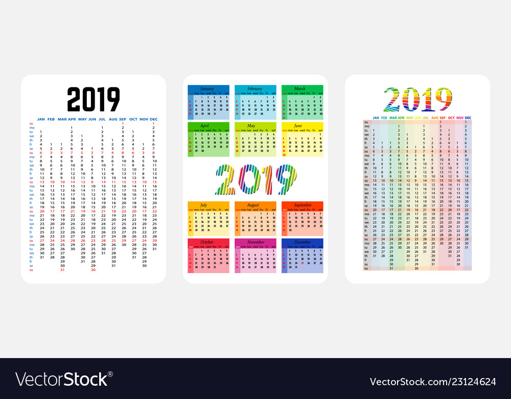 set of three 2019 calendars on a white background vector image calendars background