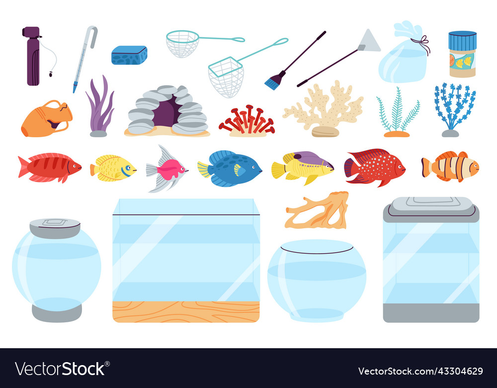 Aquarium fish and tools house tank glass Vector Image