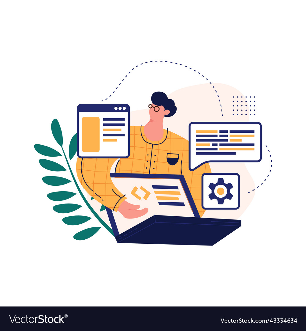 Programmer working on web development software vector image Programmer working on web development software