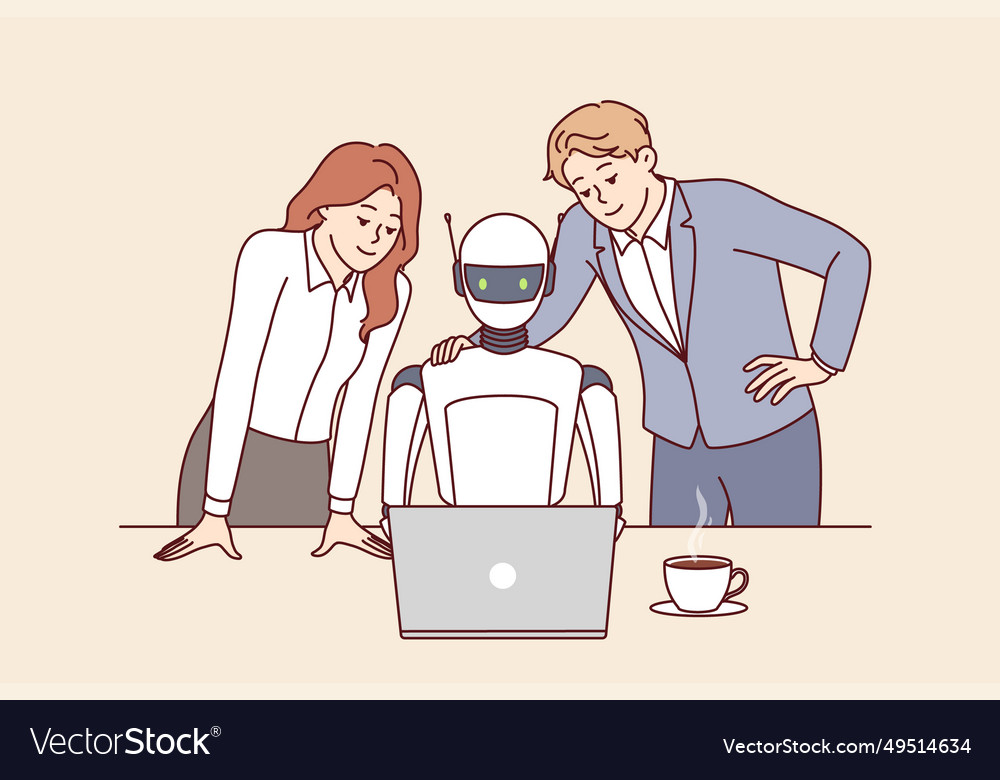 Roboter-Mitarbeiter des Unternehmens und zwei menschliche Kollegen vector image Roboter-Mitarbeiter des Unternehmens und zwei menschliche Kollegen
