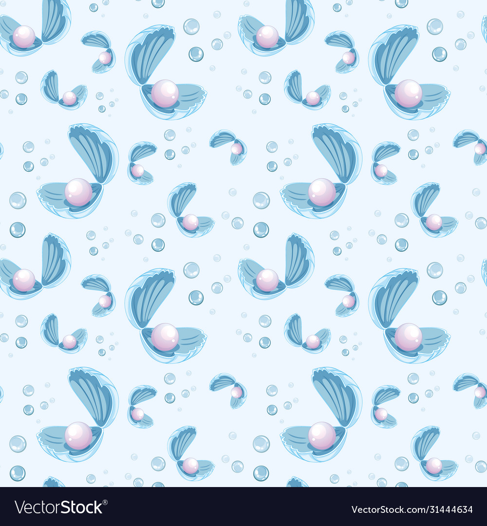 Seamless pearl in shell cartoon style on blue