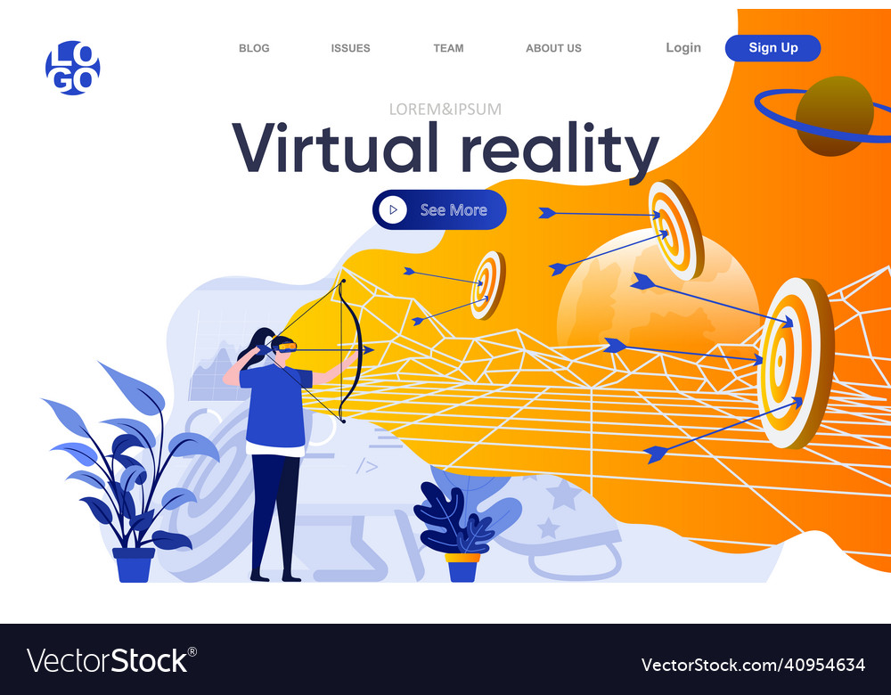 Virtual reality flat landing page woman archer vector image Virtual reality flat landing page woman archer