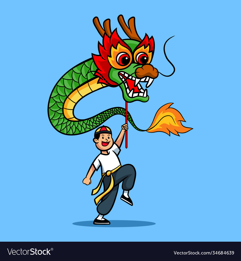 Cheerful boy playing chinese dragon dance