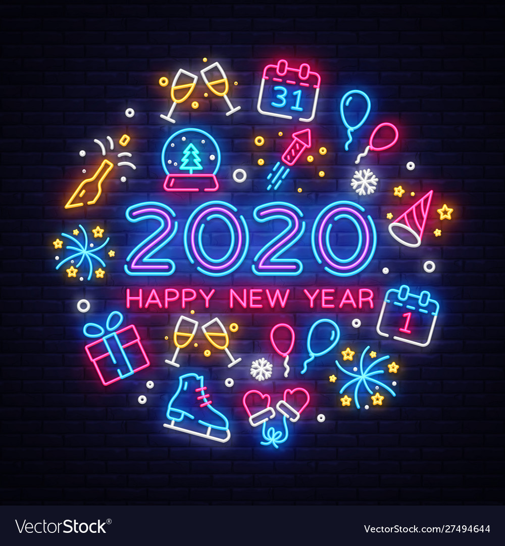 Happy new year 2020 neon icons set merry