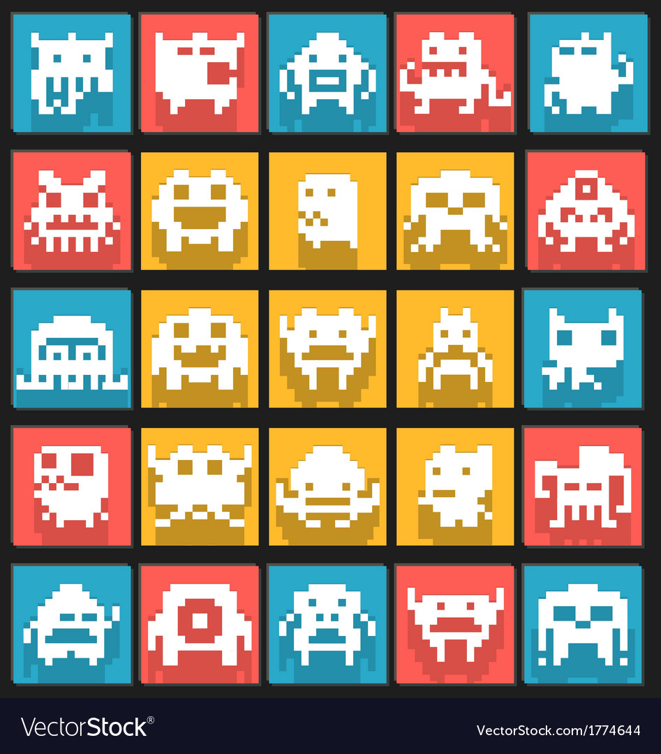 Set of flat pixels art monsters Royalty Free Vector Image