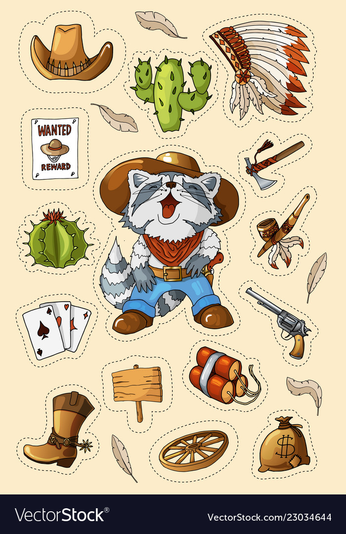 Western wild west art stickers set gun bullets