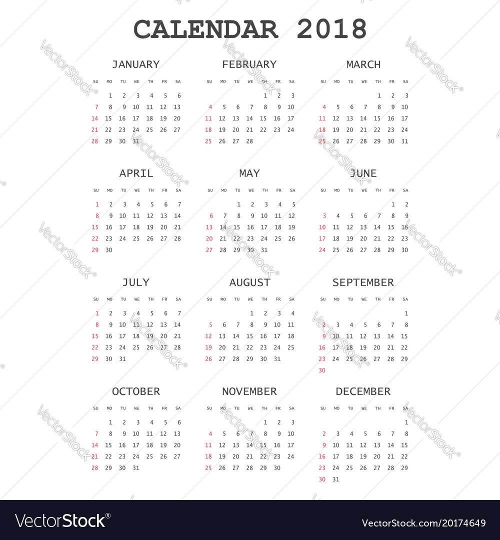 Kalender 2018 Jahr im einfachen Stil