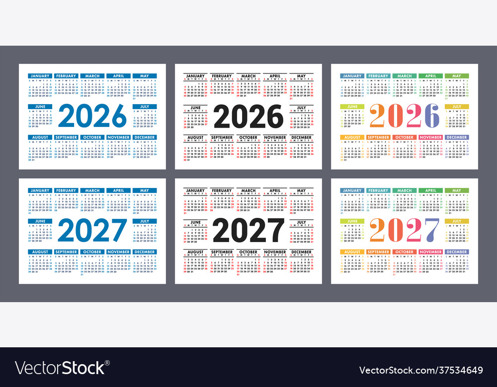 Calendar 2026 and 2027 years english colorful Vector Image