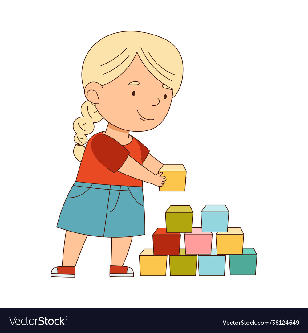 Little blond girl playing toy blocks having fun Vector Image