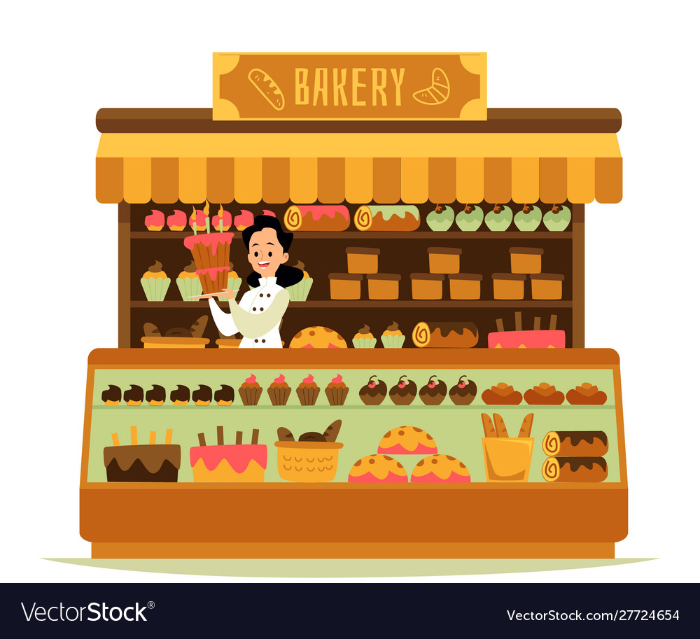 Bakery shop - cartoon chef baker woman holding big