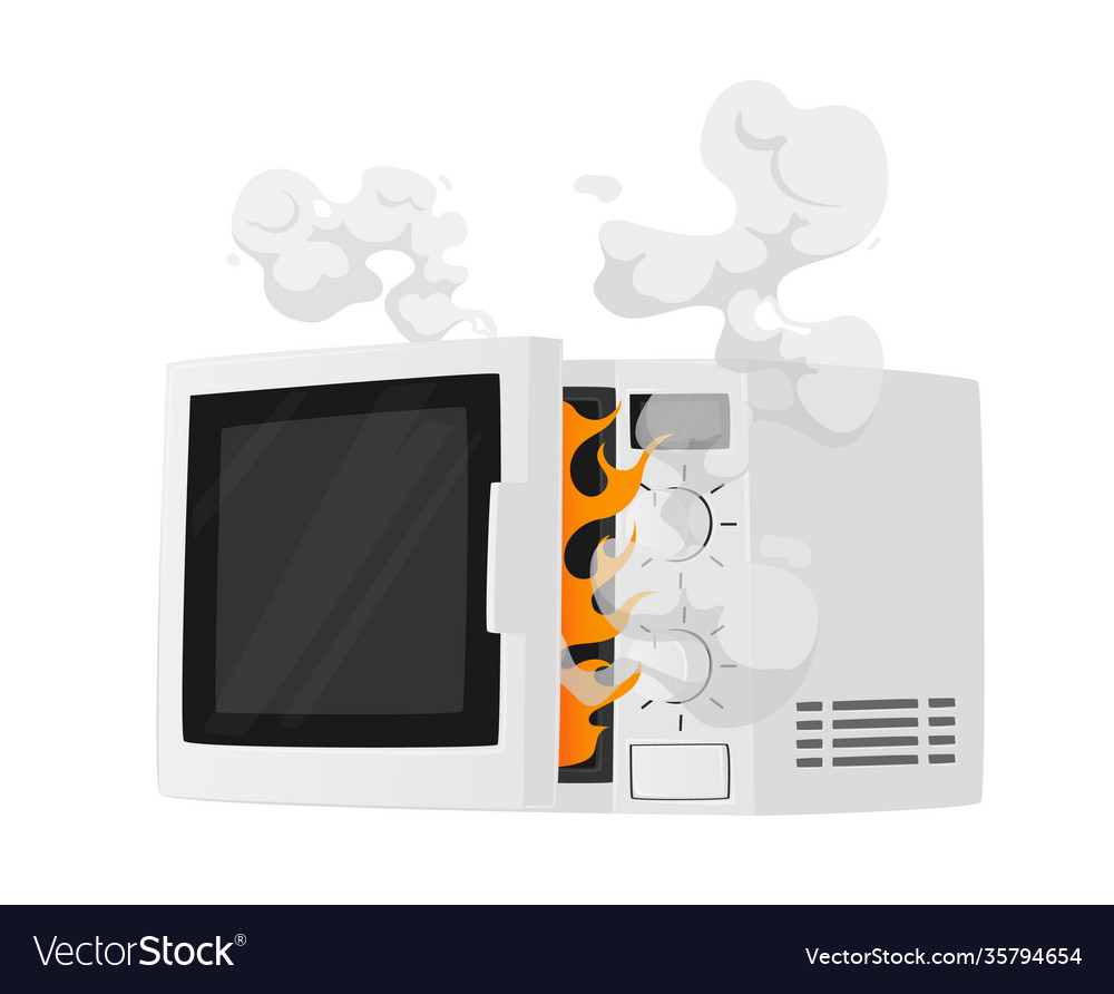 Broken microwave oven with steam and fire isolated