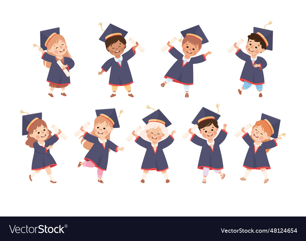 Kids graduating wear blue gown and graduation cap Vector Image