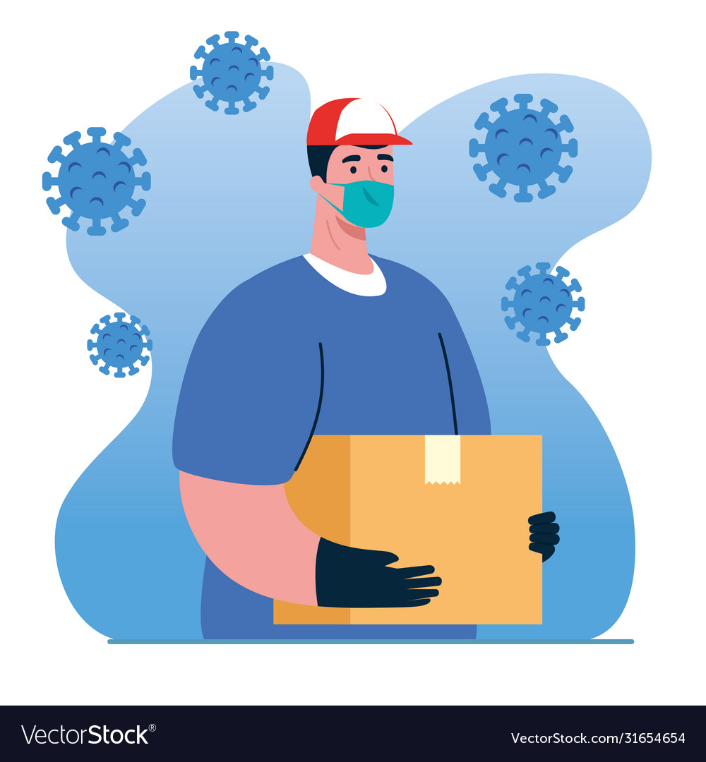 Safe delivery courier worker using face mask